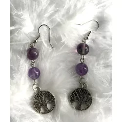 Boucles d’oreilles Fluorite & Améthyste avec Arbre de vie.