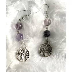 Boucles d’oreilles Fluorite & Améthyste avec Arbre de vie.
