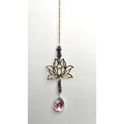 Attrape soleil Lotus doré & Améthyste & Goutte en verre.