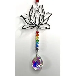Attrape soleil Lotus argenté & 7 Chakras & Goutte en verre.