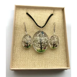 Coffret pendentif Arbre de Vie Blanc et Boucles d’Oreilles Fleurs pressées