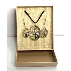 Coffret pendentif Arbre de Vie Blanc et Boucles d’Oreilles Fleurs pressées