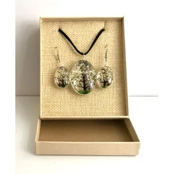 Coffret pendentif Arbre de Vie Blanc et Boucles d’Oreilles Fleurs pressées