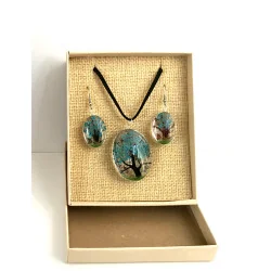 Coffret pendentif Arbre de Vie Bleu Turquoise et Boucles d’Oreilles Fleurs pressées