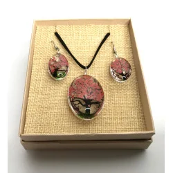 Coffret pendentif Arbre de Vie Corail et Boucles d’Oreilles Fleurs pressées