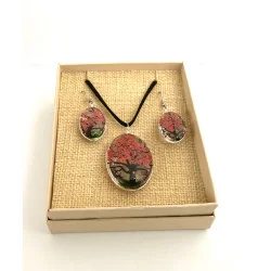 Coffret pendentif Arbre de Vie Corail et Boucles d’Oreilles Fleurs pressées