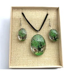 Coffret pendentif Arbre de Vie Vert et Boucles d’Oreilles Fleurs pressées