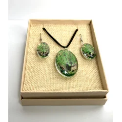 Coffret pendentif Arbre de Vie Vert et Boucles d’Oreilles Fleurs pressées