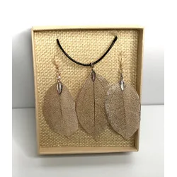Coffret Pendentif et Boucles d’Oreilles Feuilles Or rose.