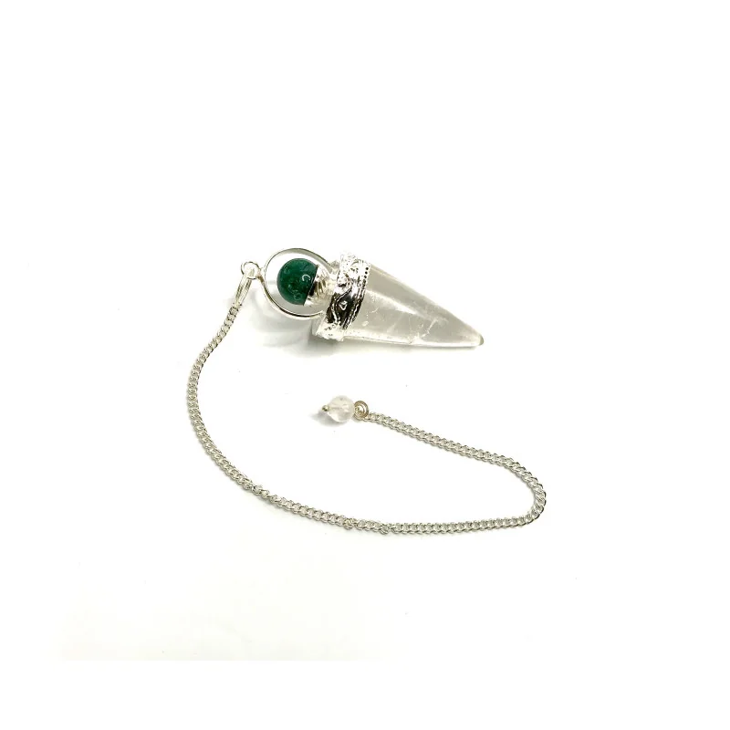 Pendule Cône Cristal de Roche Avec anneau argenté & Aventurine Verte