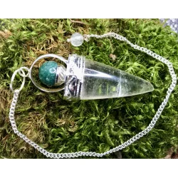 Pendule Cône Cristal de Roche Avec anneau argenté & Aventurine Verte