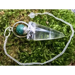 Pendule Cône Cristal de Roche Avec anneau argenté & Aventurine Verte