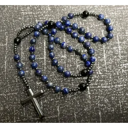 Chapelet en Lapis Lazuli & Hématite avec Croix en verre