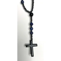 Chapelet en Lapis Lazuli & Hématite avec Croix en verre