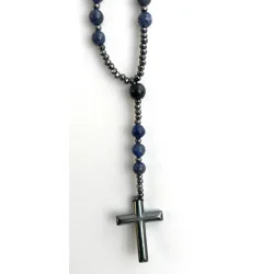 Chapelet en Lapis Lazuli & Hématite avec Croix en verre