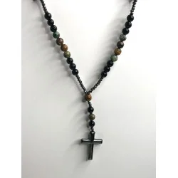 Chapelet Énergétique – Œil de Tigre & Turquoise Africaine (Pin Africain) & Agate Noire & Hématite