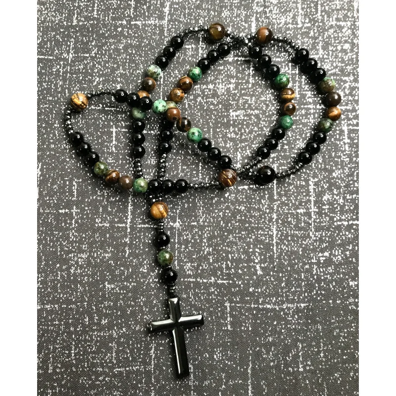 Chapelet Énergétique – Œil de Tigre & Turquoise Africaine (Pin Africain) & Agate Noire & Hématite
