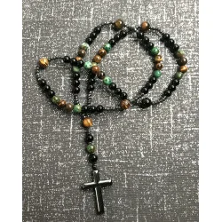 Chapelet Énergétique – Œil de Tigre & Turquoise Africaine (Pin Africain) & Agate Noire & Hématite