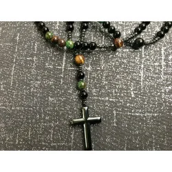 Chapelet Énergétique – Œil de Tigre & Turquoise Africaine (Pin Africain) & Agate Noire & Hématite