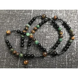 Chapelet Énergétique – Œil de Tigre & Turquoise Africaine (Pin Africain) & Agate Noire & Hématite