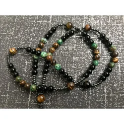 Chapelet Énergétique – Œil de Tigre & Turquoise Africaine (Pin Africain) & Agate Noire & Hématite