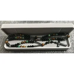 Chapelet Énergétique – Œil de Tigre & Turquoise Africaine (Pin Africain) & Agate Noire & Hématite