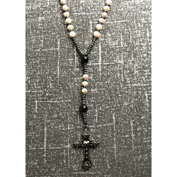 Chapelet Rose ,Perle de Culture d’Eau Douce, Hématite, Agate Noire