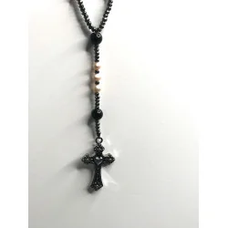 Chapelet Rose ,Perle de Culture d’Eau Douce, Hématite, Agate Noire