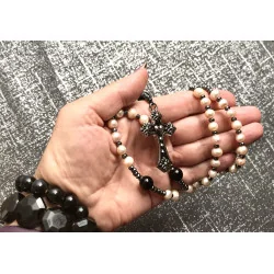 Chapelet Rose ,Perle de Culture d’Eau Douce, Hématite, Agate Noire