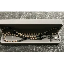 Chapelet Rose ,Perle de Culture d’Eau Douce, Hématite, Agate Noire
