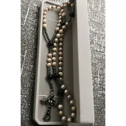 Chapelet Rose ,Perle de Culture d’Eau Douce, Hématite, Agate Noire