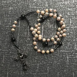 Chapelet Rose ,Perle de Culture d’Eau Douce, Hématite, Agate Noire