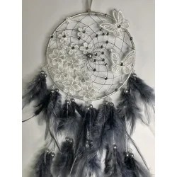 🦋 Attrape-rêves Lunaire Argent & Plumes Grises – Papillons de Transformation