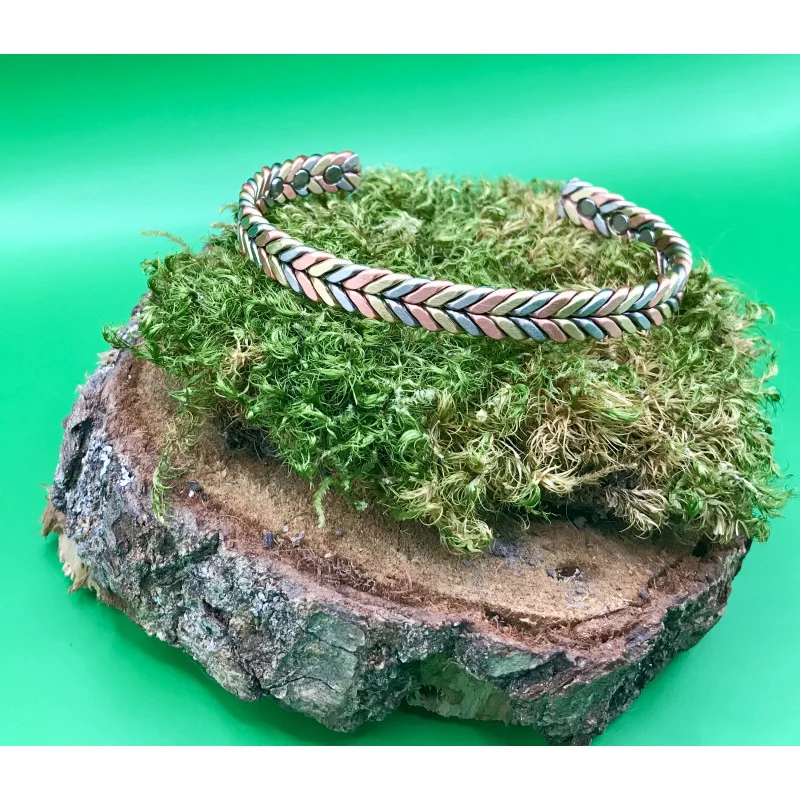 Bracelet Magnétique Tressé Tricolore – Cuivre, Laiton & Métal Gris