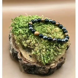🌑 Bracelet Triple Protection – Œil de Tigre • Obsidienne Noire • Hématite