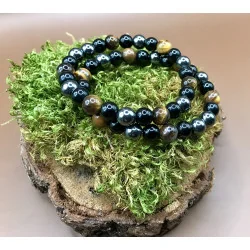 🌑 Bracelet Triple Protection – Œil de Tigre • Obsidienne Noire • Hématite