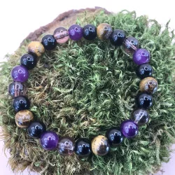 🛡️ Bracelet de Protection – Améthyste • Obsidienne • Œil de Tigre • Quartz Fumé (8 mm)