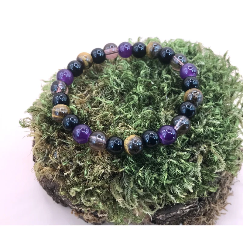 🛡️ Bracelet de Protection – Améthyste • Obsidienne • Œil de Tigre • Quartz Fumé (8 mm)