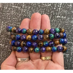 🐉💙 Bracelet Énergies Mystiques – Agate Dragon Bleu/Vert & Violet • Œil de Tigre (8 mm)